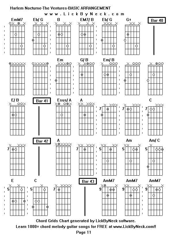 Chord Grids Chart of chord melody fingerstyle guitar song-Harlem Nocturne-The Ventures-BASIC ARRANGEMENT,generated by LickByNeck software.